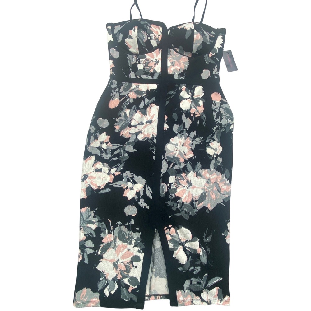 Material Girl Floral Bustier Midi Dress XL Black Pink Sweetheart Bodycon NWT
